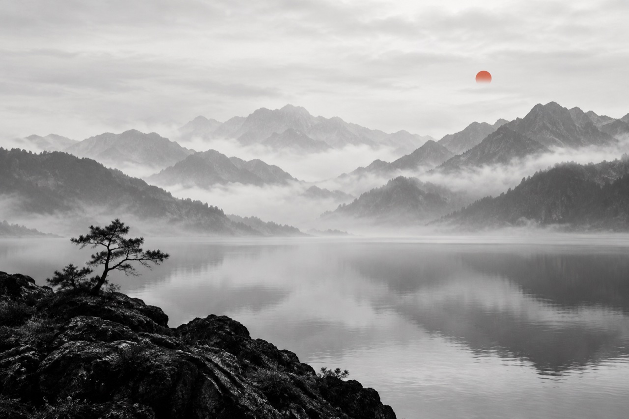 层叠雾山与宁静湖面,前景一棵孤树,天空一轮朱红太阳